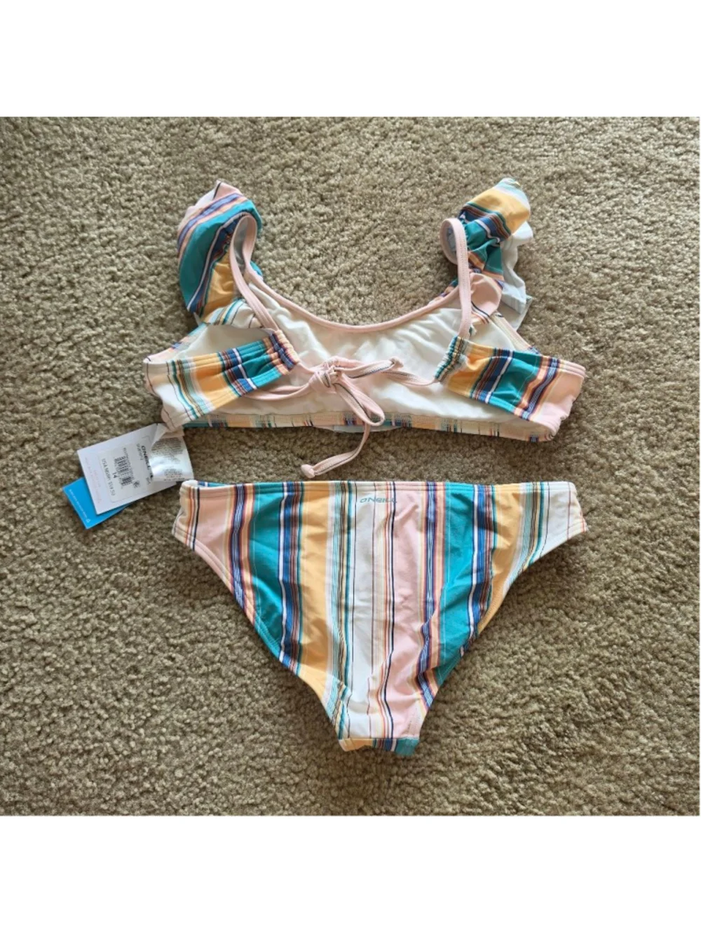 Girls O'Neill Striped Baja Ruffle Bikini size 14 Teal & pink stripes